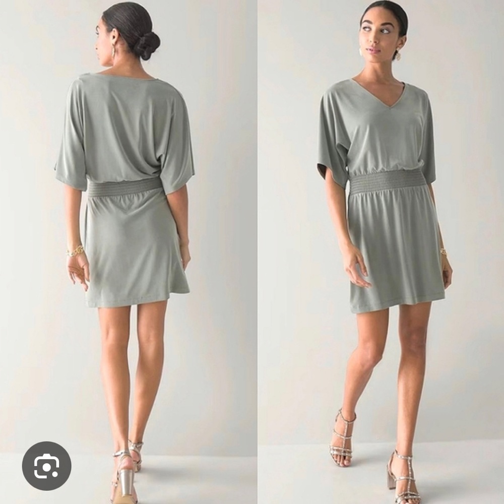 White House Black Market Gray SS Slub Smocked Kimono Sleeves